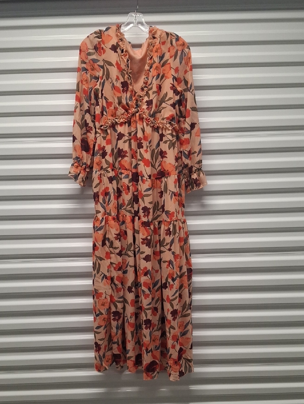 Women's Beige Floral Ruffle Maxi Dress - Orange & Green Print